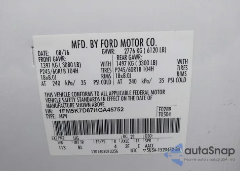 2017 Ford Explorer Xlt z USA, uszkodzony, nr VIN 1FM5K7D87HGA45752